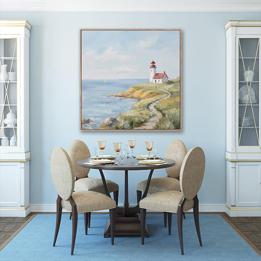 Pale sky tone grass cliff lighthouse seascape canvas in bright elegant formal dining room interior