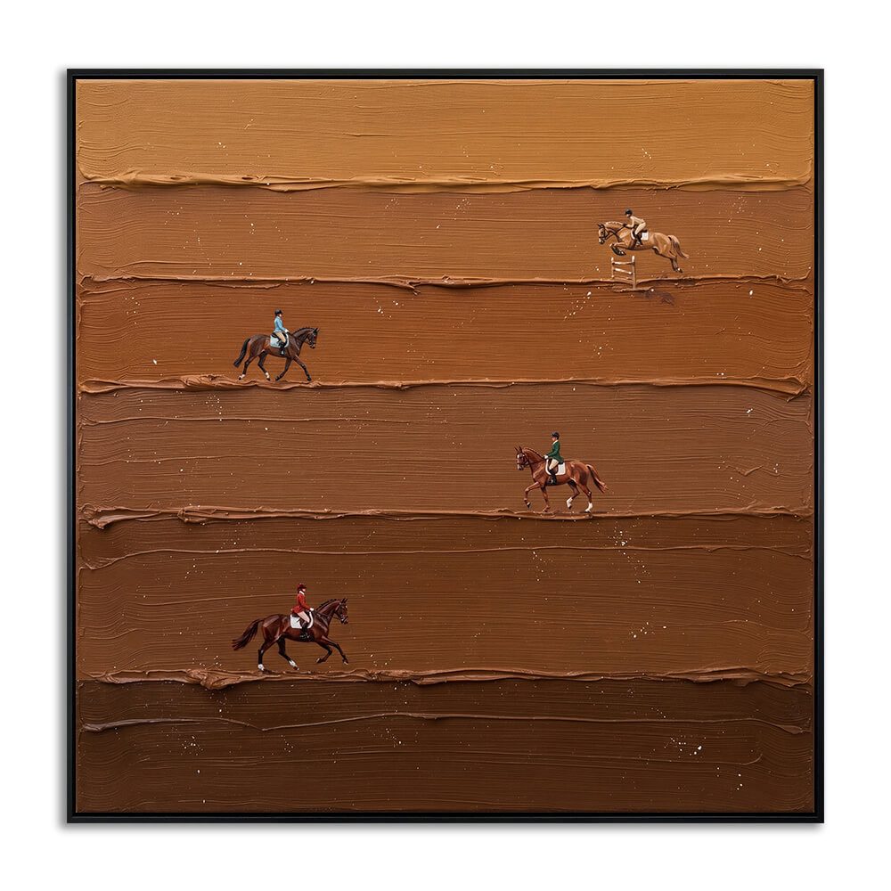 Studio front view of Countryside Cadence heavy texture hand painted canvas featuring multiple horse riders and raised amber earth-tone texture.