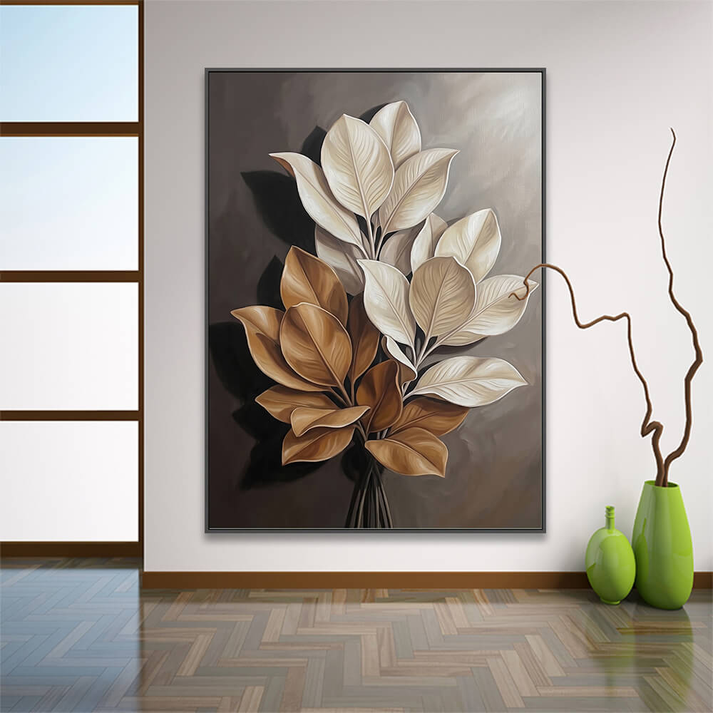 Hand-painted modern botanical art canvas featuring stylish earthy leaves styled on a neutral accent wall with modern decor.