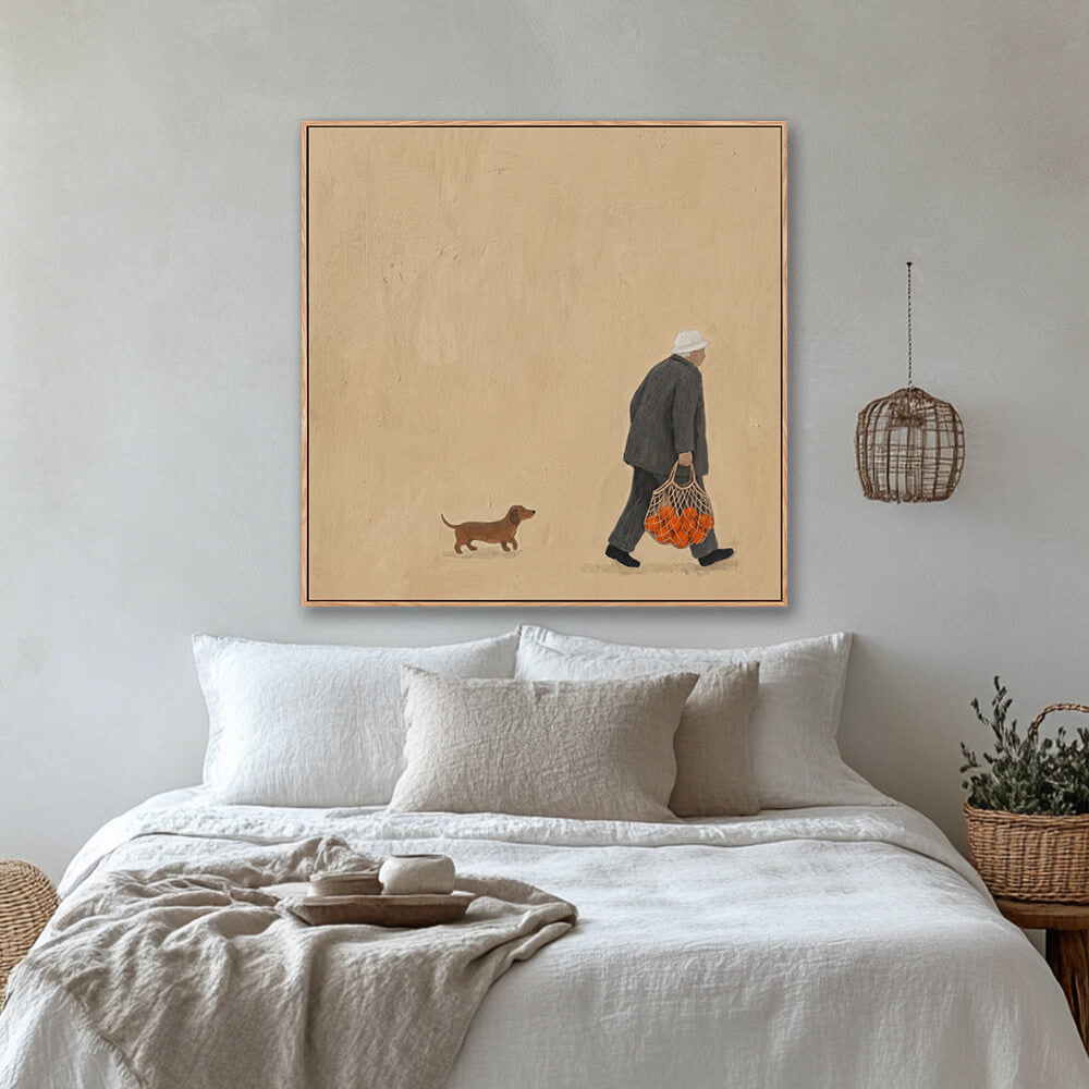 Minimalist old man with oranges and dachshund painting above bed in cozy bedroom