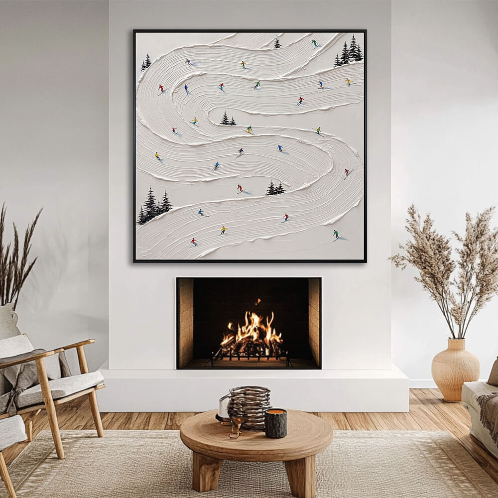 Interior styling view of Alpine Slopes hanging above a glowing fireplace in a cozy, cream-toned living room.