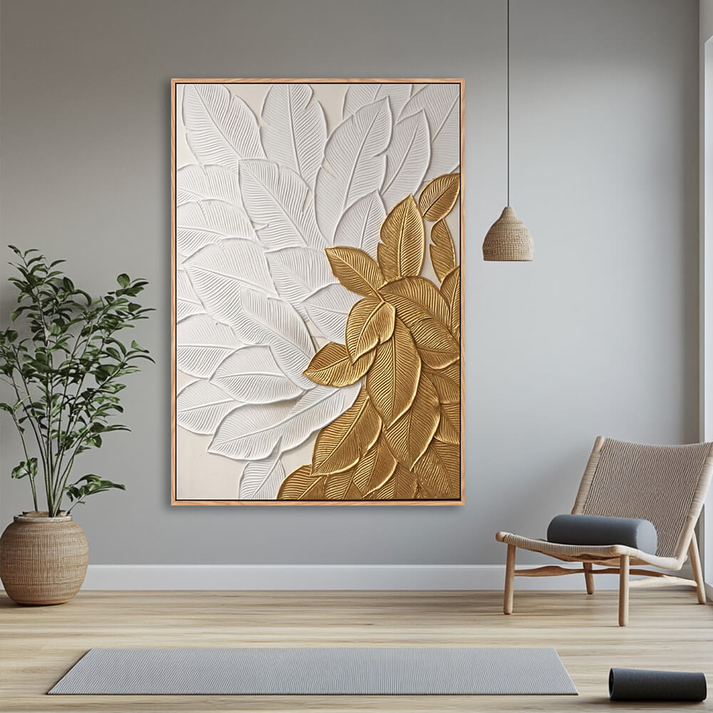 Light wood boho interior, vertical neutral luxury leaf wall decor, dimensional sculptural banana leaves with white and gold palette