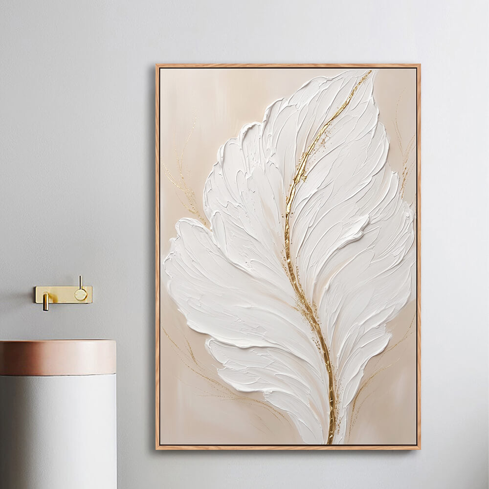 Vertical impasto white feather artwork hung in entryway beside upholstered accent chair