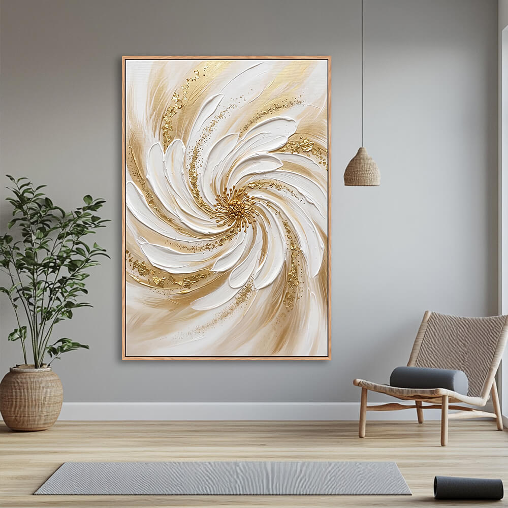 Sculptural spiral flower artwork displayed on entryway console wall