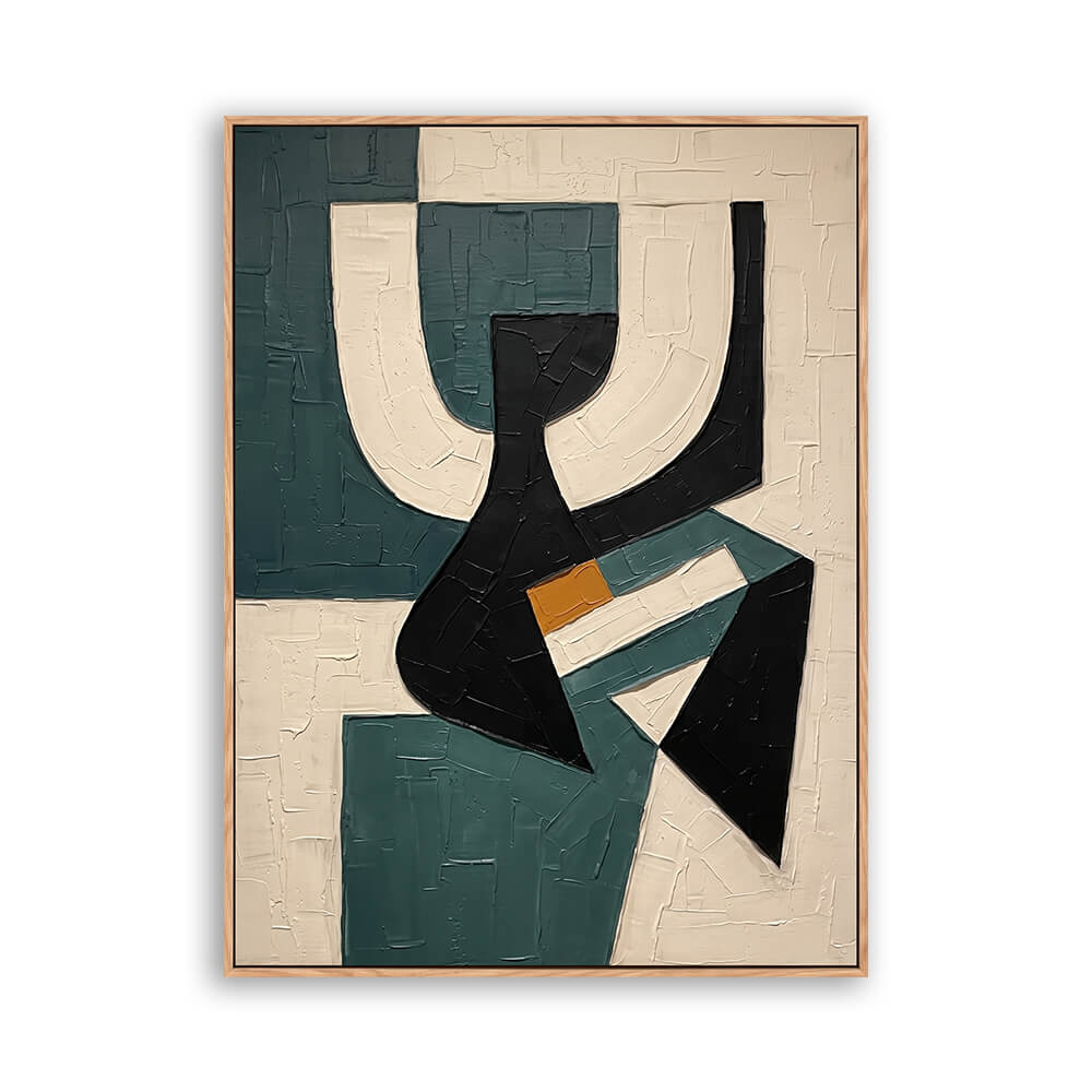 Vertical hand painted abstract canvas, textured overlapping curved geometric silhouettes, deep teal and cream palette, soft layered brushwork