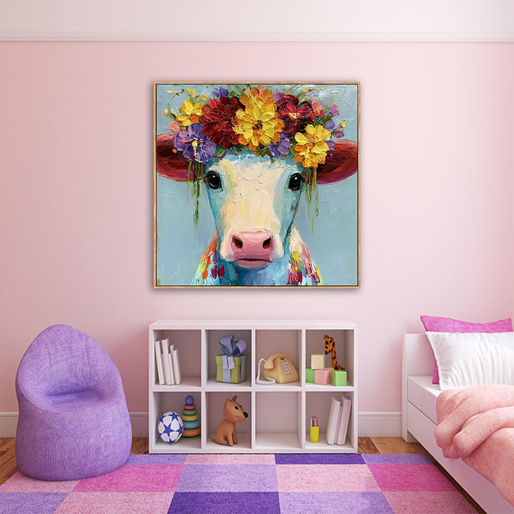 Whimsical floral cow portrait canvas hanging in pink kids nursery with purple bean chair, white cubby toy shelf and colorful checkered rug