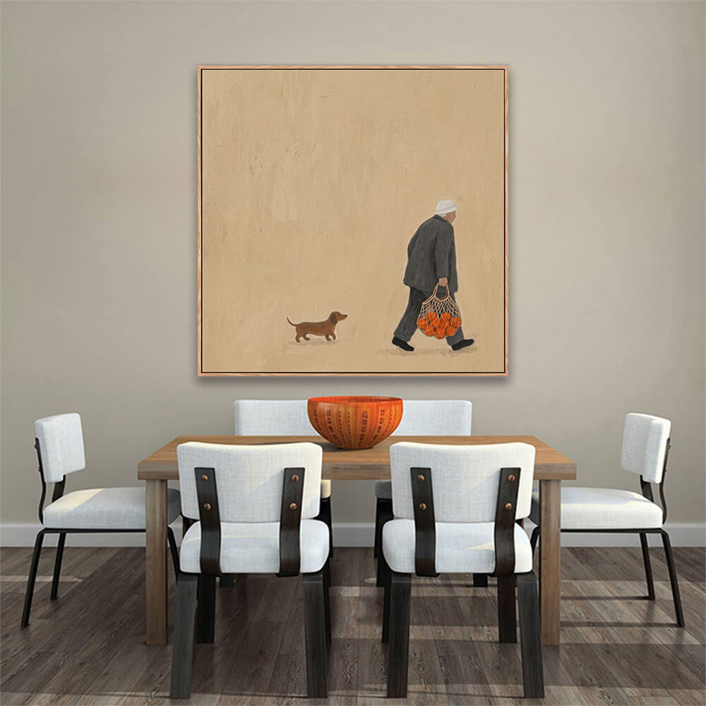 Hand painted old man with oranges and dachshund artwork above dining table