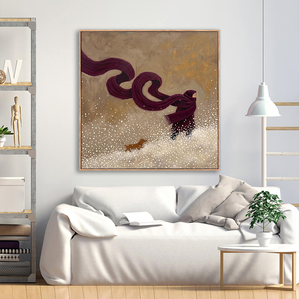 Textured winter snow scene painting above white sofa in modern living room
