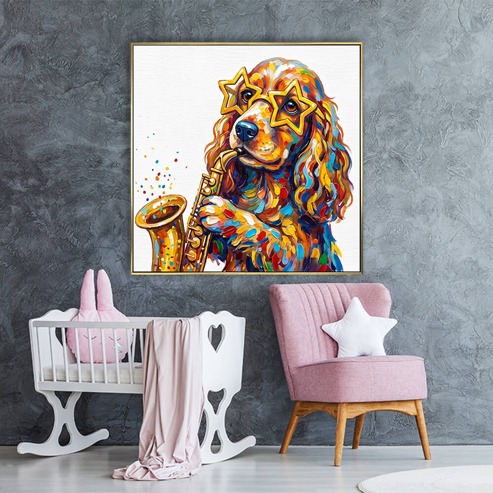 Cute pop art cocker spaniel saxophone wall decor in baby nursery with pink armchair