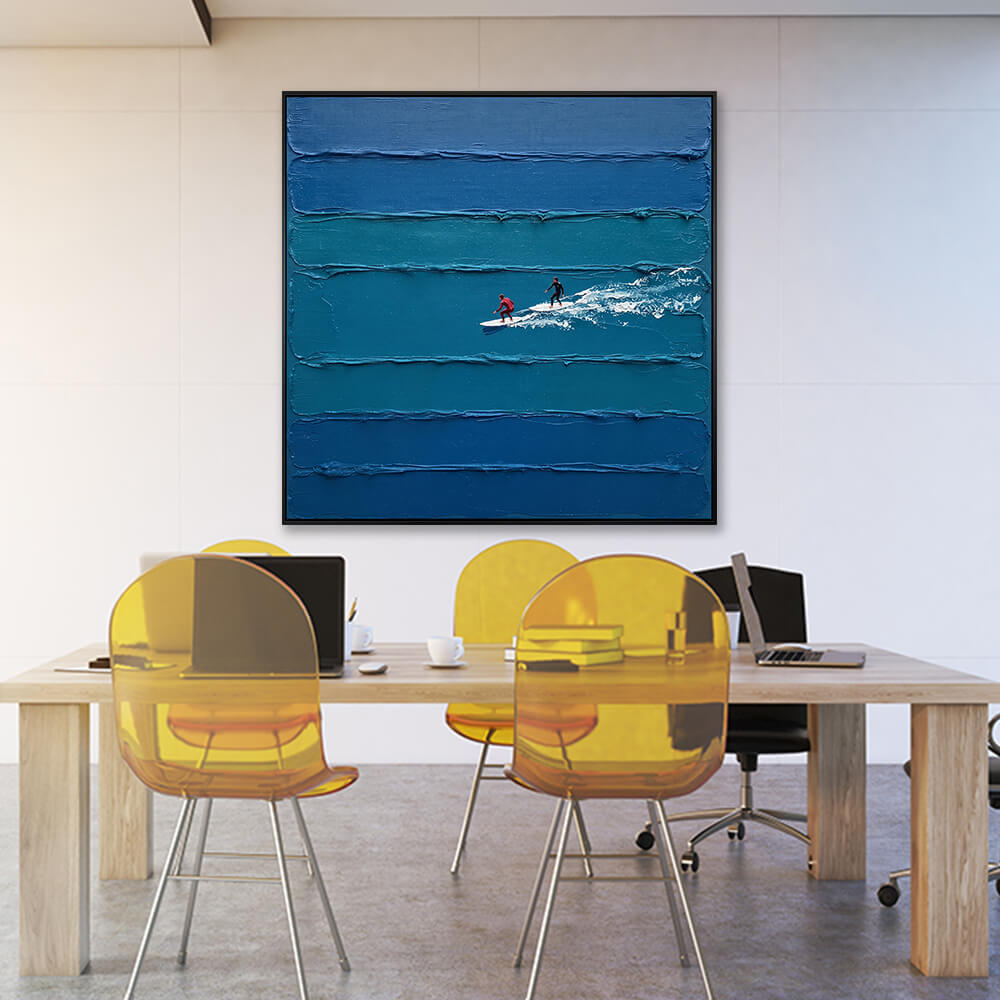 Interior styling view of Coastal Glide hanging in a modern office above a wooden conference table with yellow chairs