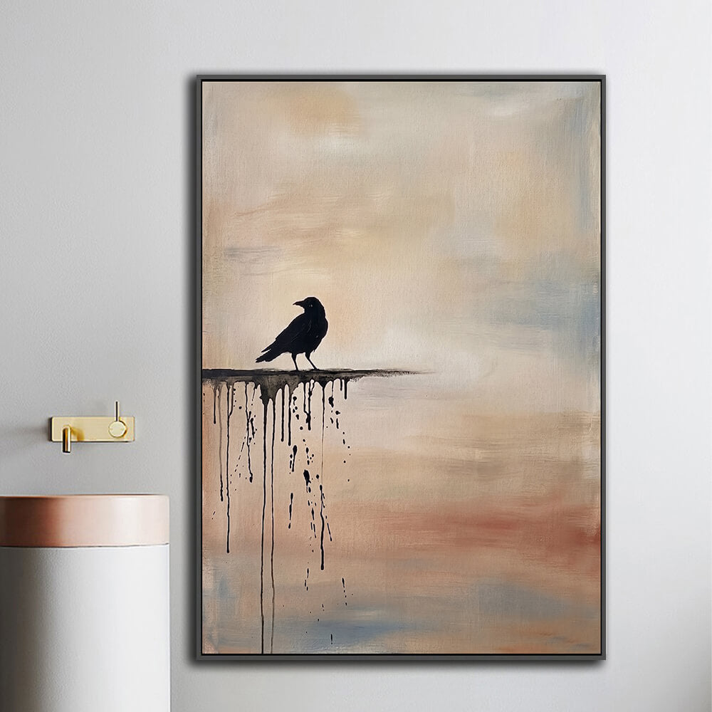 Framed drip style raven painting mounted beside bathroom vanity for powder room decor