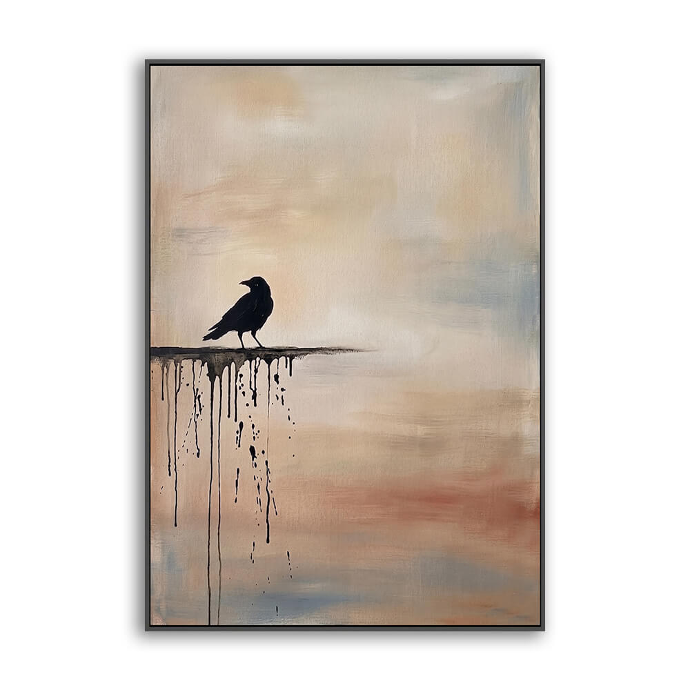 Vertical hand painted abstract canvas, perched raven silhouette with dripping paint, gradient sunset sky, soft layered brushwork