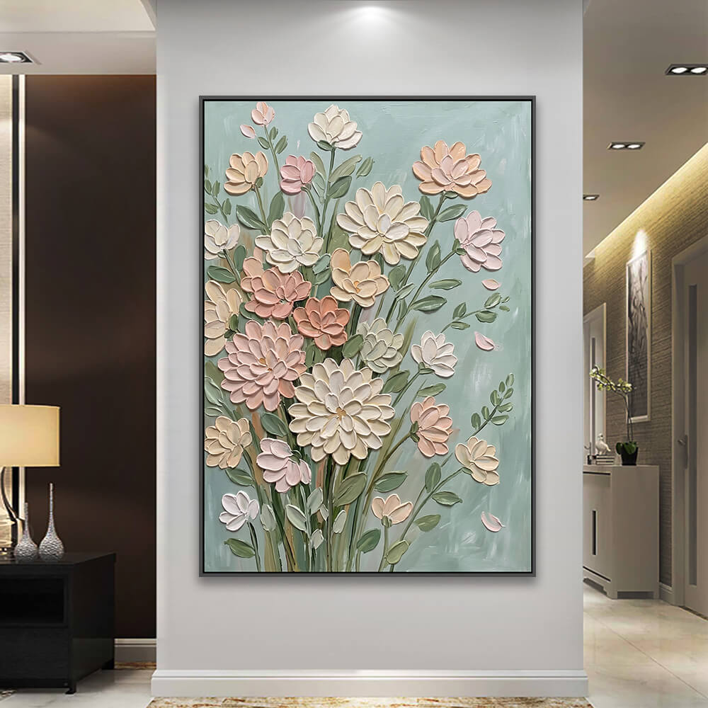 Botanical canvas decorating spacious luxury hallway beside bedside cabinet and table lamp