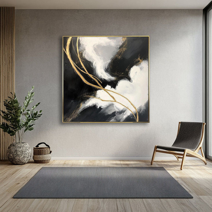 Modern Gold & Black Abstract Canvas Painting #YX37