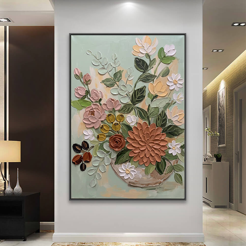 Botanical canvas decorating hallway alongside table lamp and storage cabinet