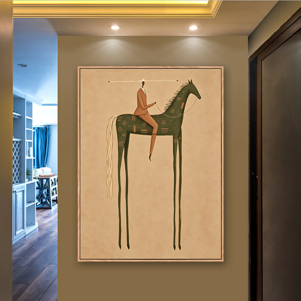Square surreal rider artwork hung in entryway beside upholstered accent chair