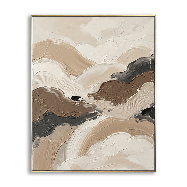 Hand-painted abstract canvas art featuring heavy 3D palette knife textures in beige brown and dark grey flowing waves.