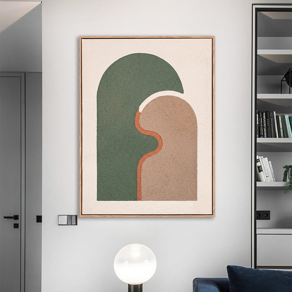 Terracotta and sage green abstract arch painting in elegant entryway with gold decor