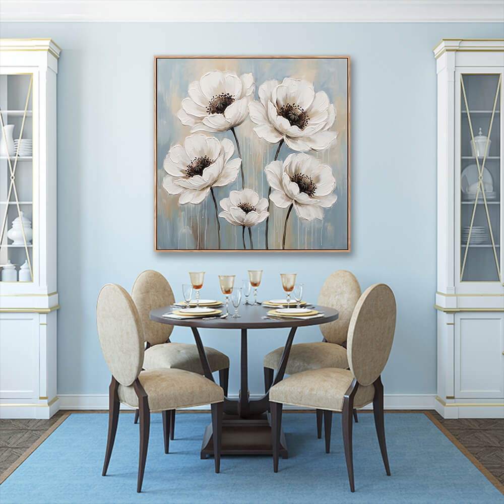 White poppy flowers heavy texture artwork in elegant formal dining room interior