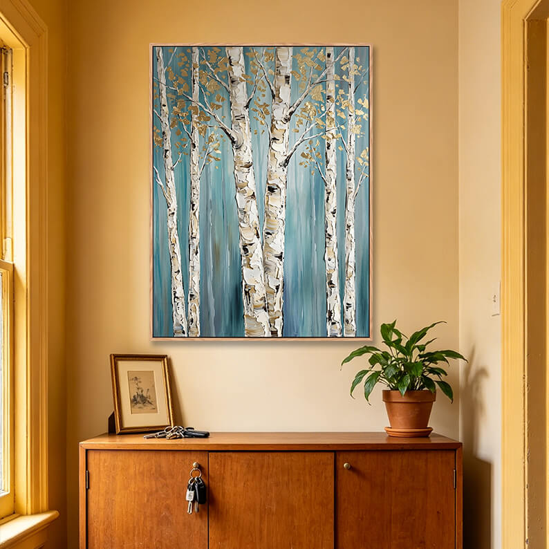 Vertical teal and gold birch tree forest 3D painting above wooden sideboard, heavy impasto nature artwork for entryway decor