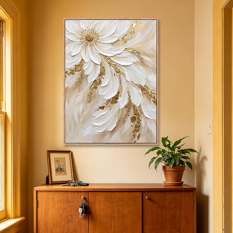 Vertical large white flower cascade 3D painting with gold details above wooden sideboard, heavy impasto floral artwork for entryway decor