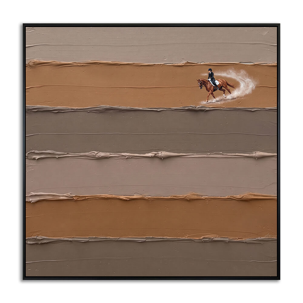 Studio front view of Equestrian Elegance heavy texture hand painted canvas featuring a horse rider and raised neutral earth-tone texture.