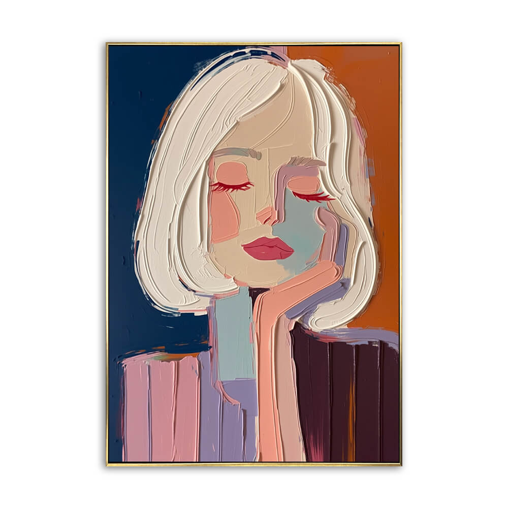 Close-up detail of a modern abstract woman portrait oil painting featuring heavy impasto texture and a palette knife technique on hand-painted canvas.