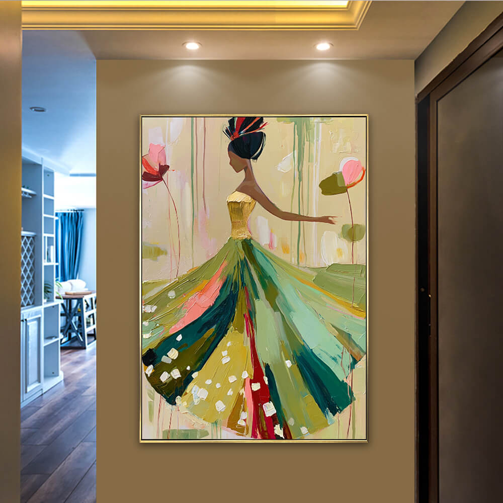 Interior styling view of Ethereal Stride expressive lady oil painting artwork hanging in a warm hallway entrance.