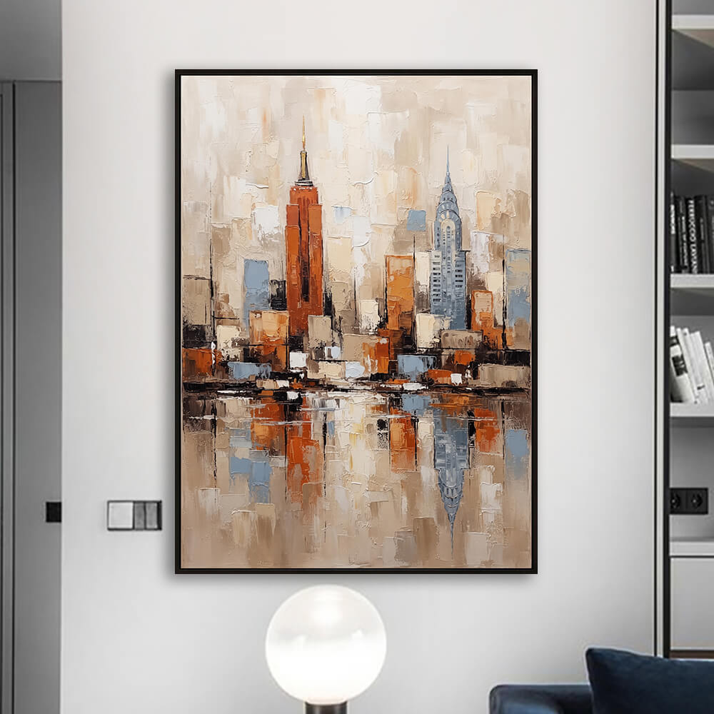 Modern apartment interior presentation featuring Urban Horizon expressive skyline canvas painting original artwork above a modern lamp.