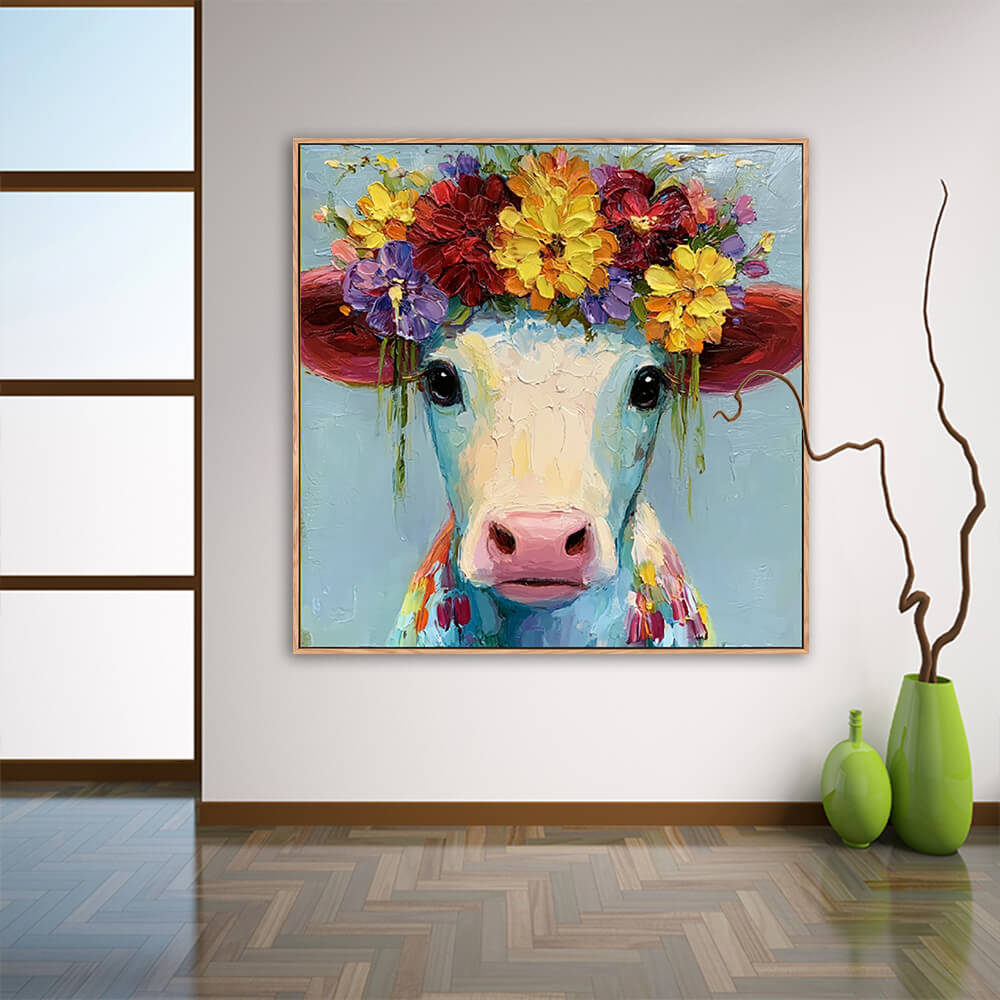 Whimsical flower crown cow canvas wall art hung in minimalist entryway with herringbone wood flooring, glossy green vases and twisted dry branch decor