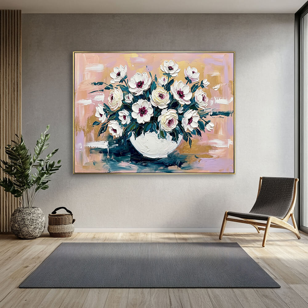 Luxury hand-painted peony canvas painting in muted grey modern living room with wooden accent chair and green foliage plant