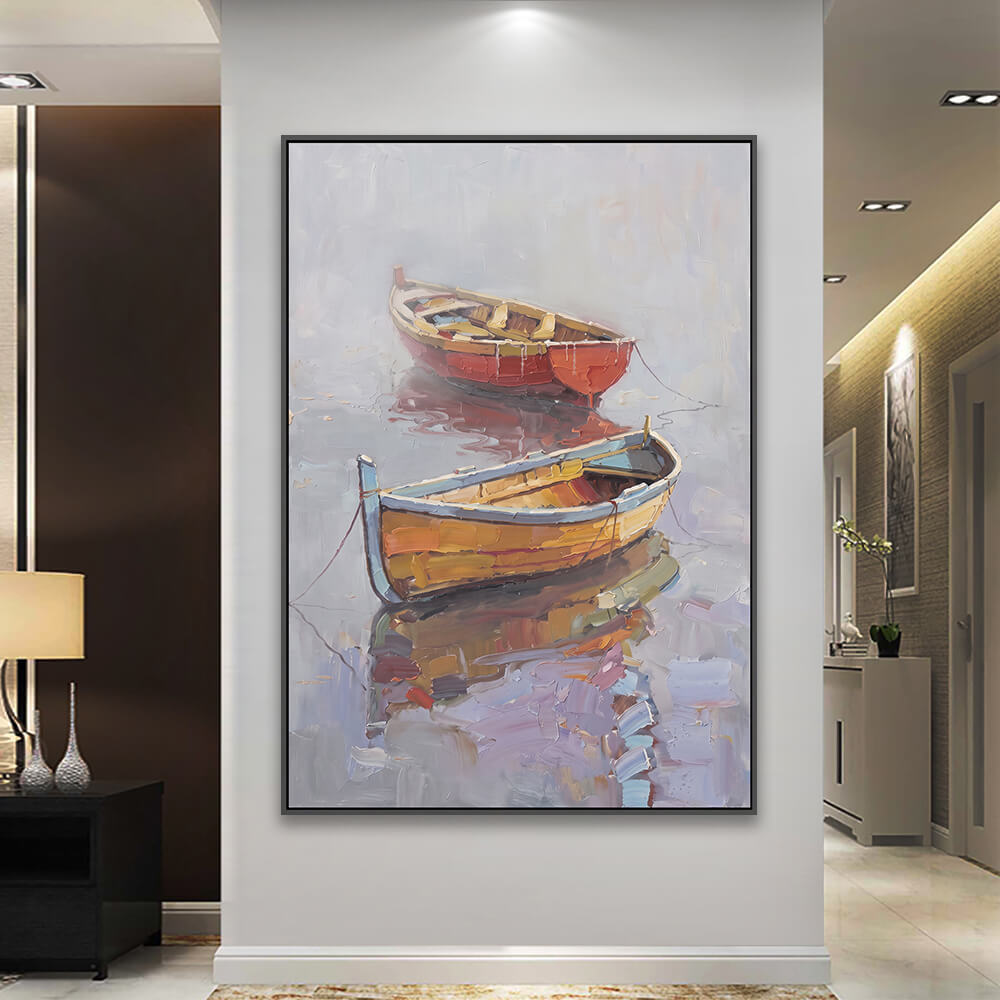Lakeside canvas decorating spacious hallway alongside table lamp and cabinetry
