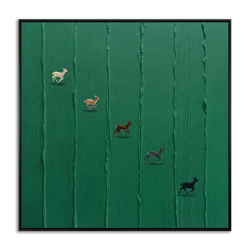Studio front view of Forest Leap heavy texture hand painted canvas featuring multiple running deer on a vertical-ridged emerald green background.