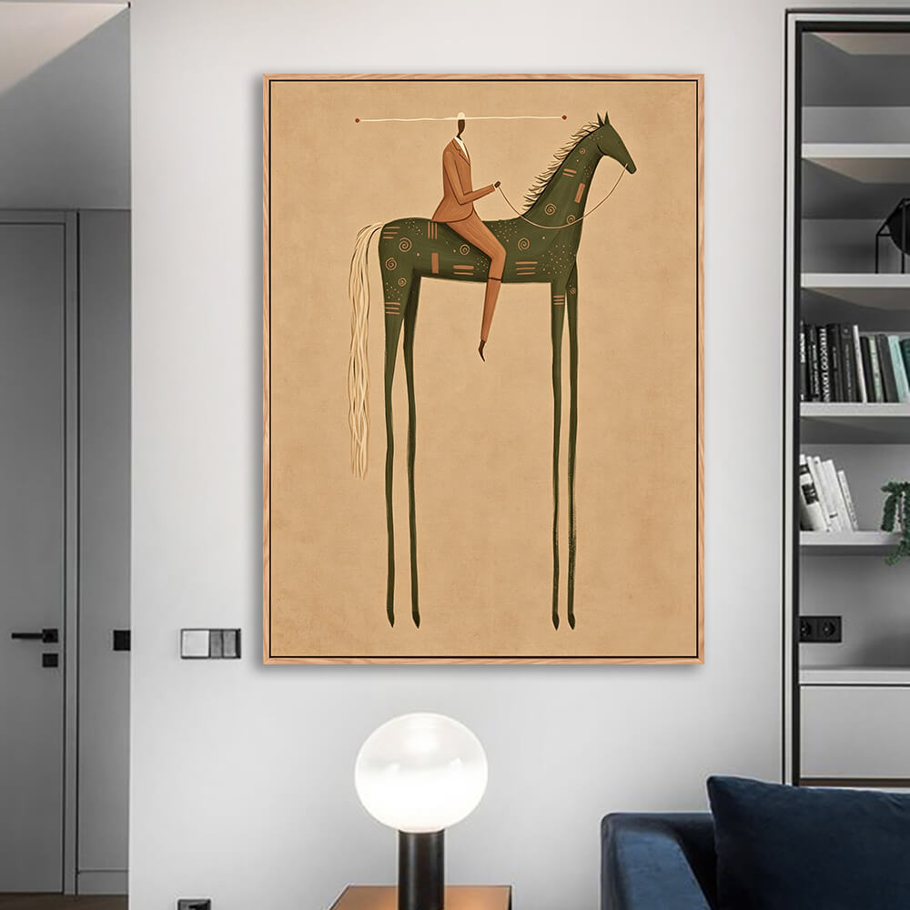 Stylized long leg green horse painting installed along corridor with ceiling spotlights