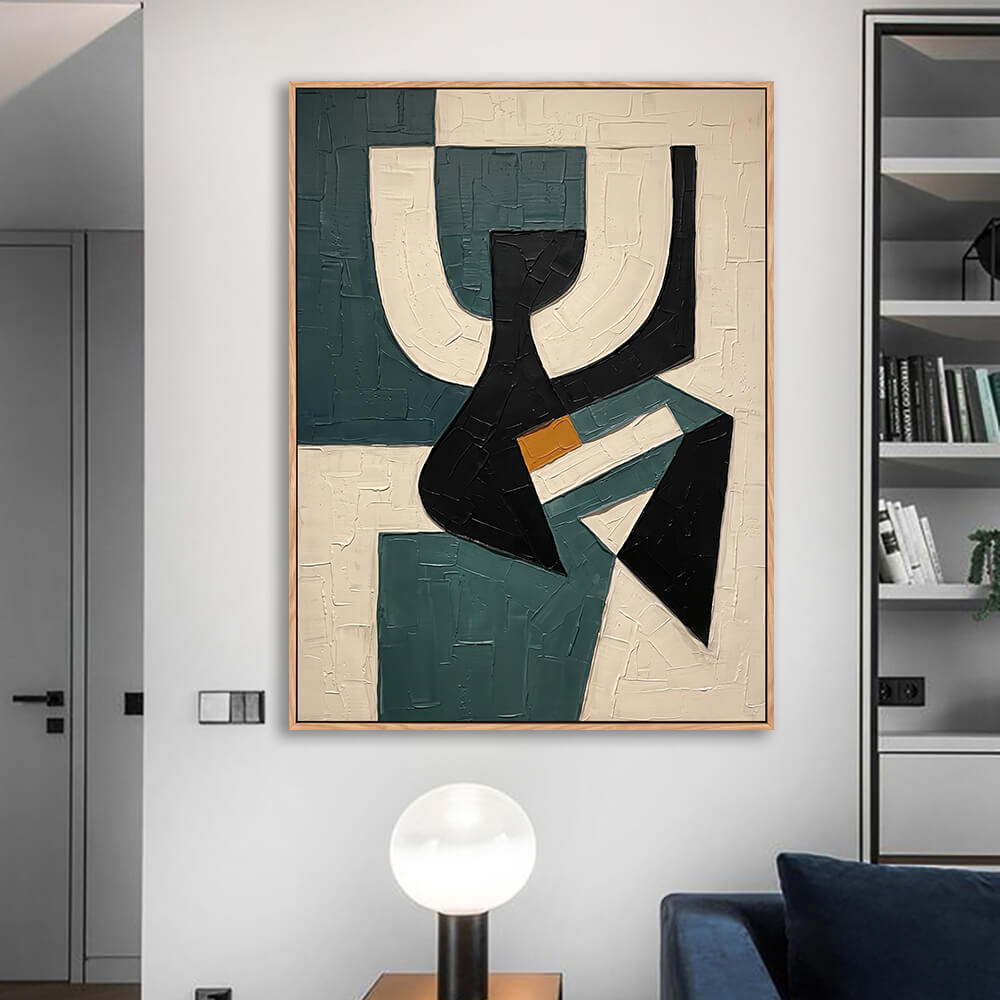 Textured shape abstract painting installed along corridor with ceiling spotlights