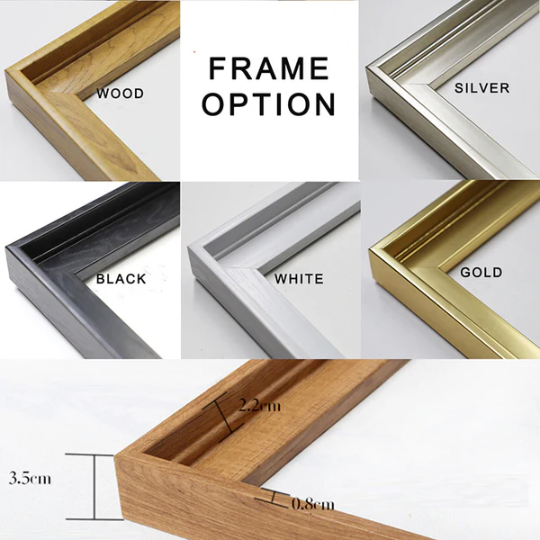 A collage showing five frame color options (Wood, Silver, Black, White, and Gold) and a technical diagram illustrating frame dimensions: 3.5cm depth, 0.8cm front width, and 2.2cm inner depth.