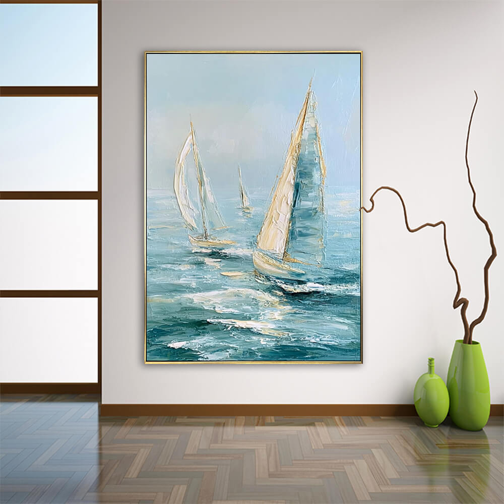 Gold framed impasto sailboat painting hung inside bright entryway, thick texture teal ocean seascape hand painted canvas, coastal nautical wall decor
