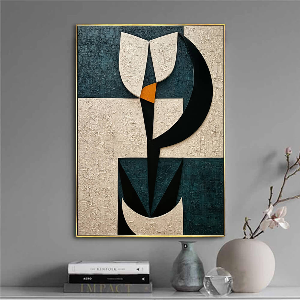 Minimalist grey wall scene, vertical heavy texture geometric block abstract canvas displayed above books and ceramic vases