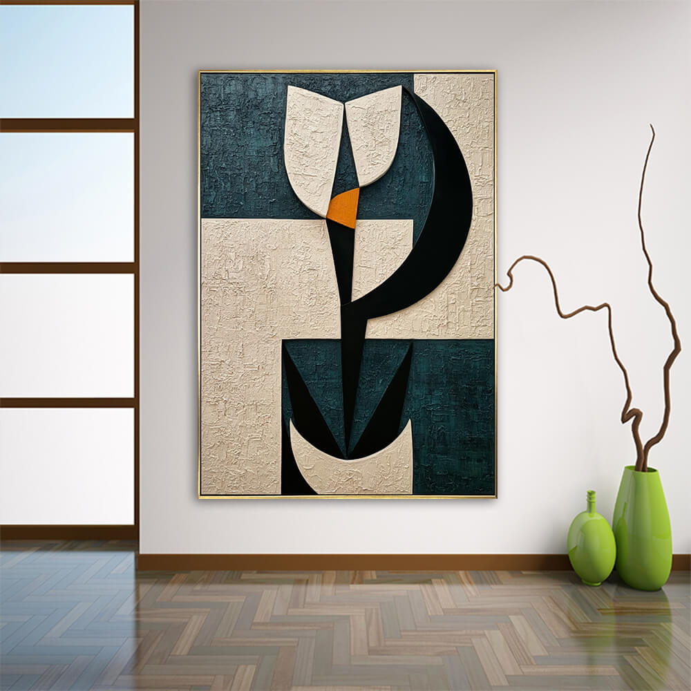 Modern entryway interior, gold framed vertical geometric block impasto canvas, heavy texture abstract wall decor with green vases