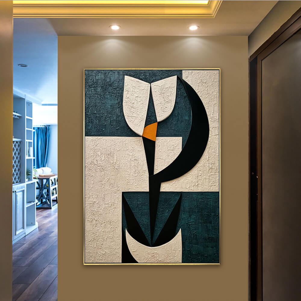 1. Long hallway display, tall vertical teal beige geometric block canvas with heavy sculptural impasto texture under ceiling spotlights
2.