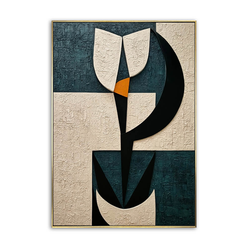 Vertical hand painted abstract canvas, heavy textured impasto geometric blocks, deep teal, cream beige, black and burnt orange tone, mid century modern abstract wall art