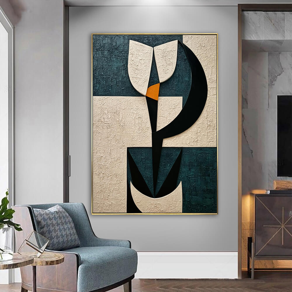 Bright living room corner, framed geometric block textured abstract painting above blue accent armchair, mid century modern home styling