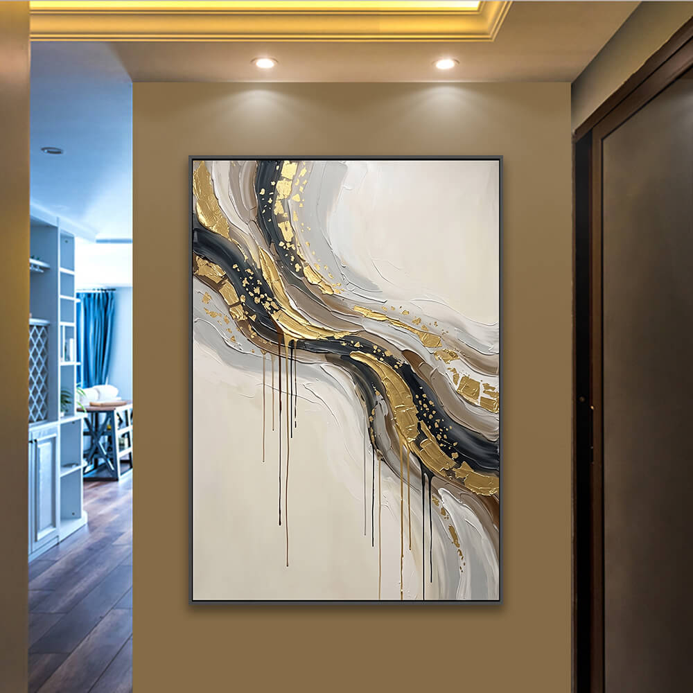 Luxury abstract canvas decorating hallway next to table lamp and cabinetry