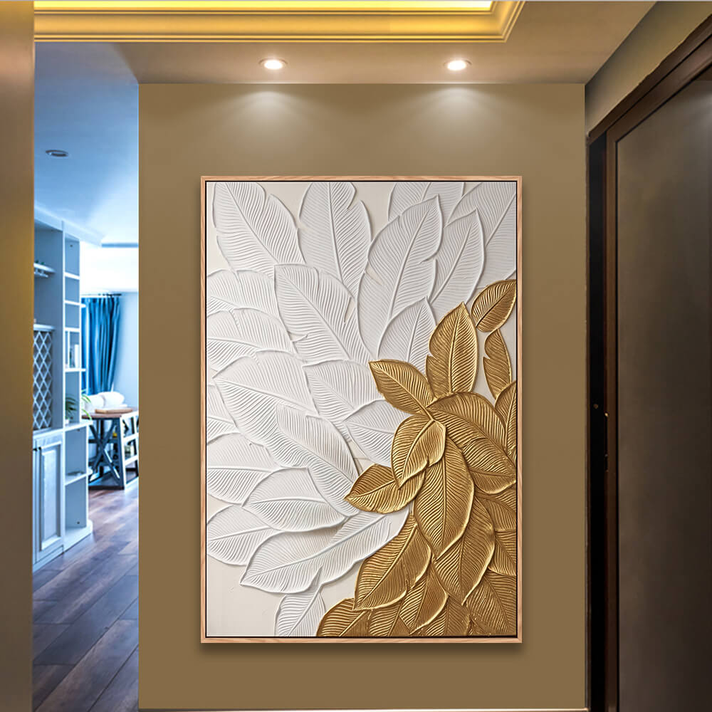 Indoor entryway hallway installation, vertical luxury tropical leaf wall art, dense sculptural white and gold textured banana leaves
