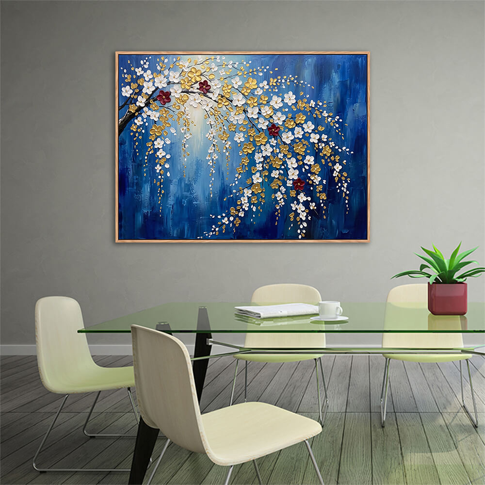 Contemporary dining room interior, framed royal blue floral landscape canvas, sweeping trailing plum blossom wall art above glass dining table