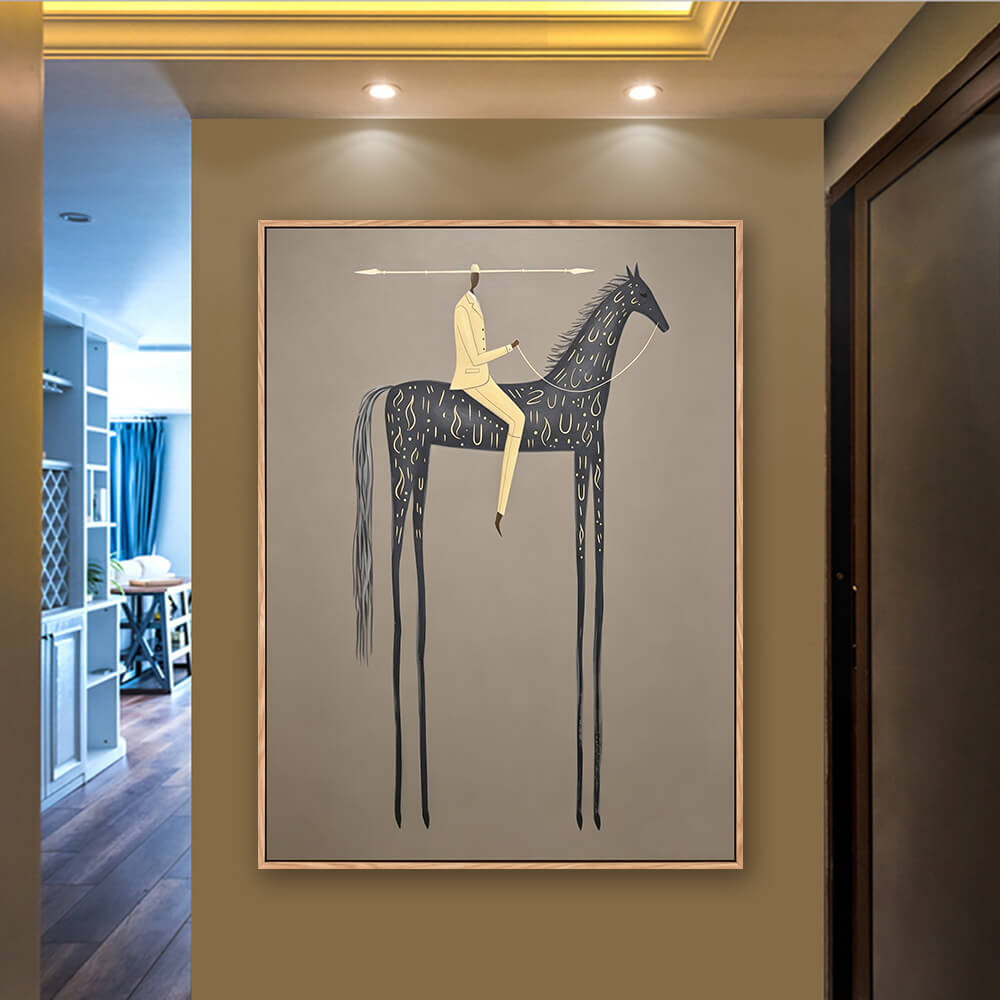 surreal rider artwork hung in entryway beside upholstered accent chair