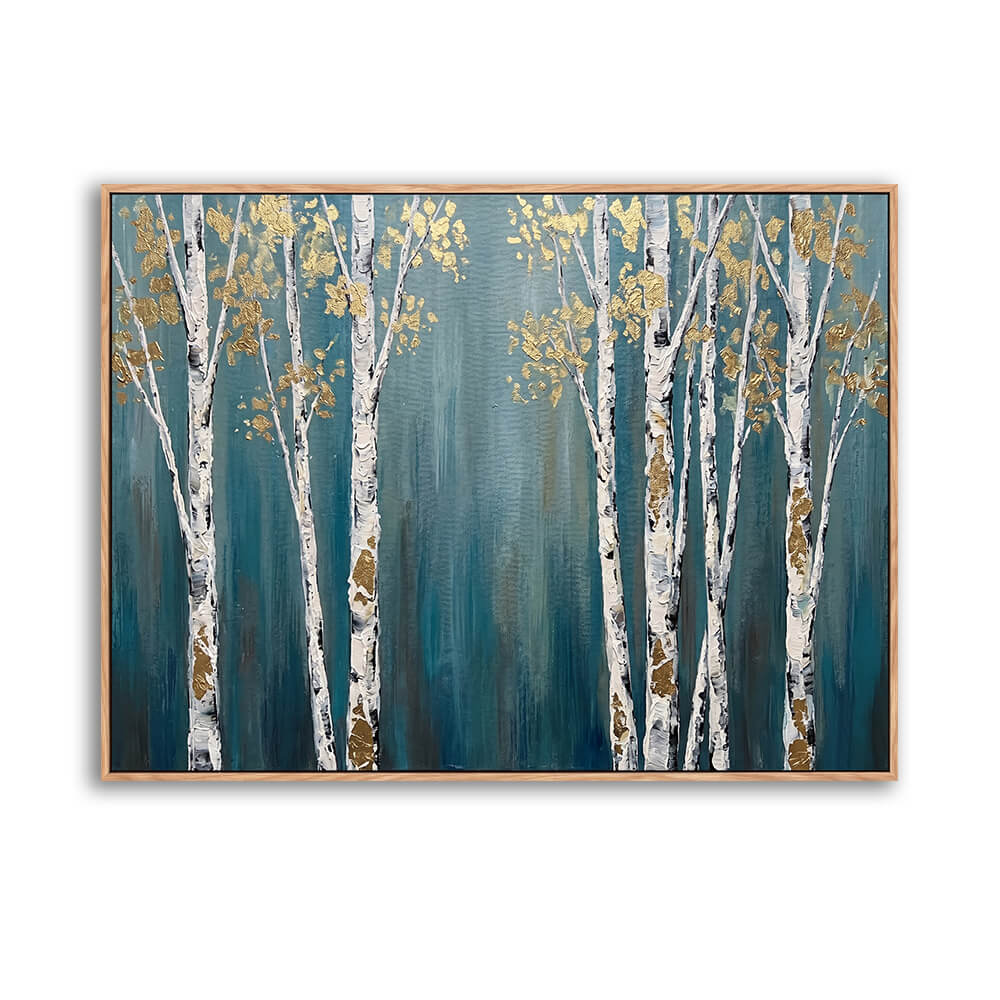 Horizontal hand-painted abstract canvas, textured impasto white birch tree grove with gold leaf foliage, muted teal blue background, soft layered brushwork