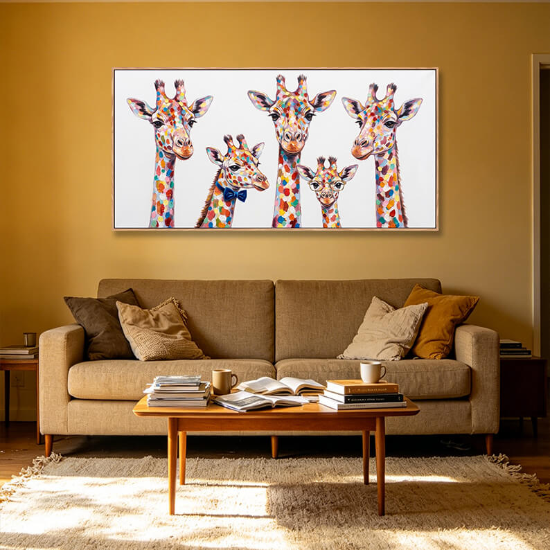 Five colorful giraffes hand painted canvas wall art, three adults and two calves with playful accessories, rainbow palette animal painting, framed artwork for home interior display