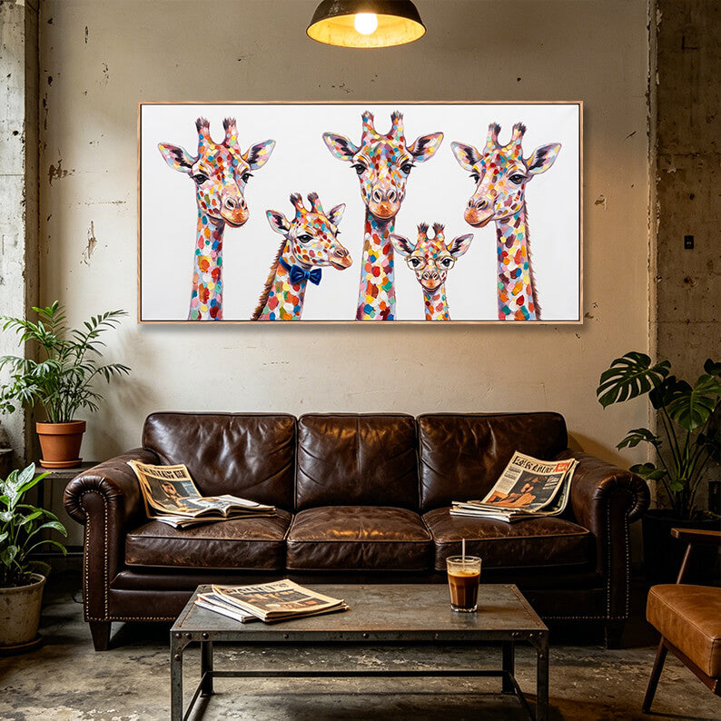 Hand painted colorful giraffe family wall art, five giraffes including calves with playful accessories, rainbow spotted animal painting, original canvas artwork for home decoration