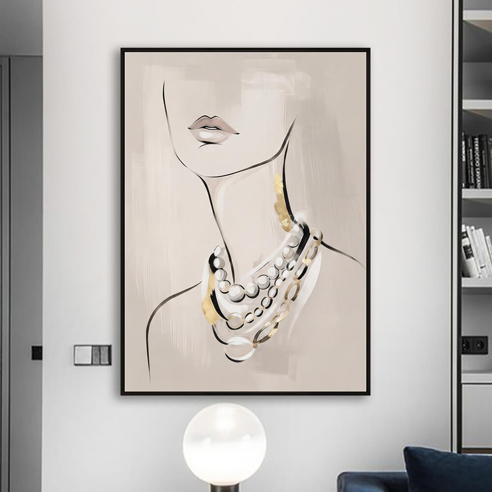 Modern apartment living space view showcasing Luxury Pearl Draping wall art hanging above a stylish illuminated lamp console.